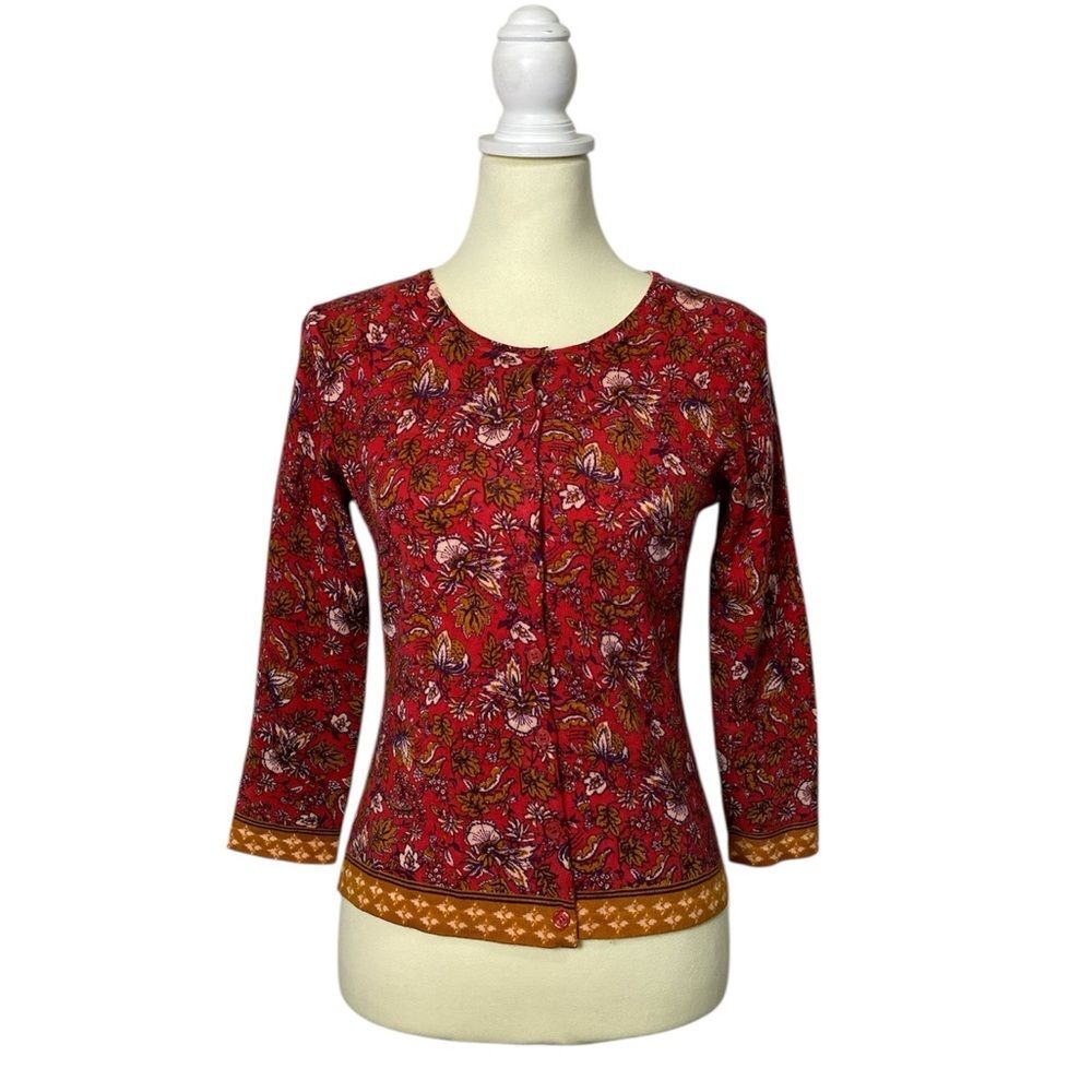 Garnet Hill Red Floral Merino Wool Top 3/4 Sleeve Women’s Small